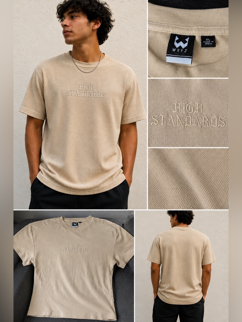 WXYZ High Standards Embroidered Waffle Knit Tee Beige XL Streetwear